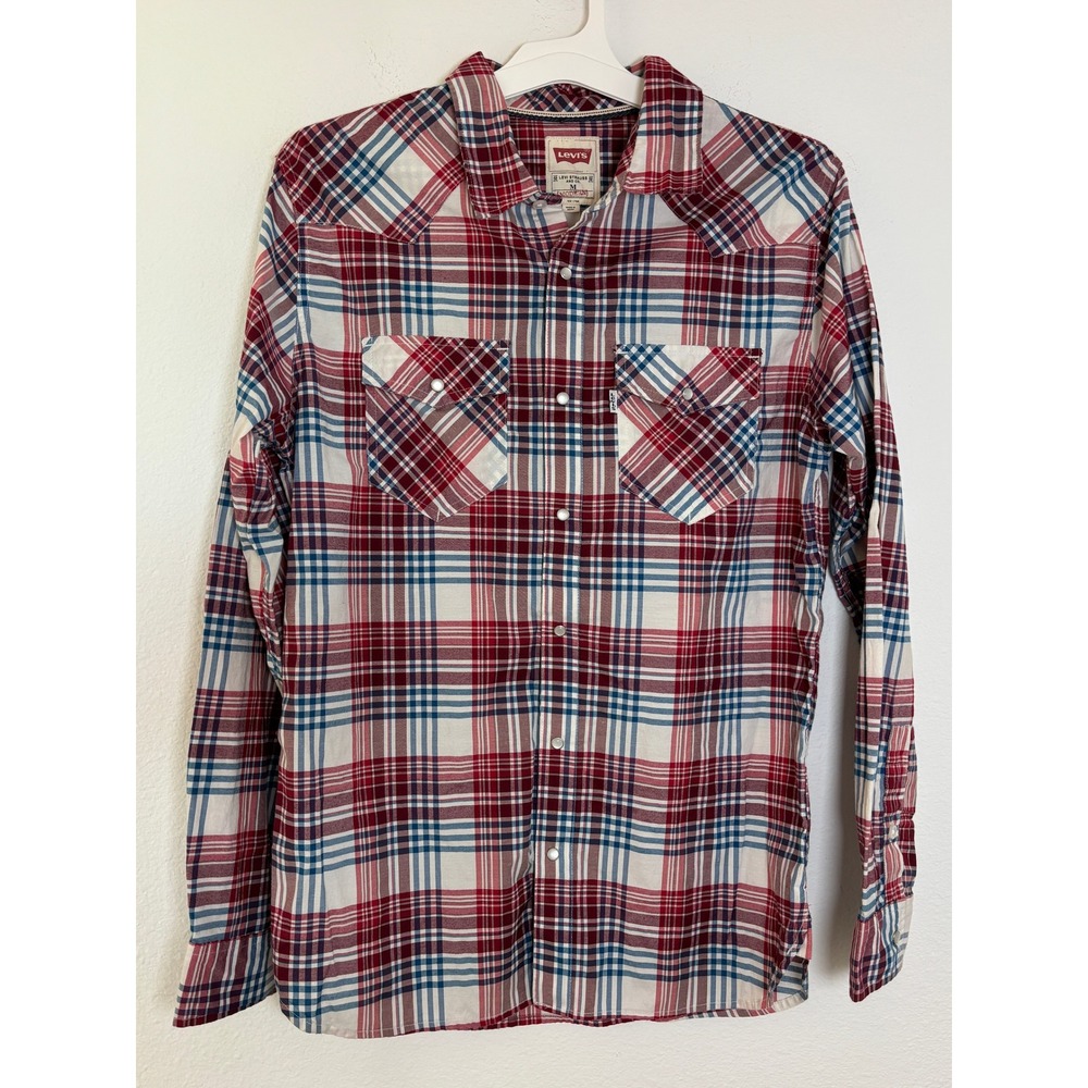 Levis Modern Mens Western Shirt M Red Blue White Plaid Snap Front Long Sleeve